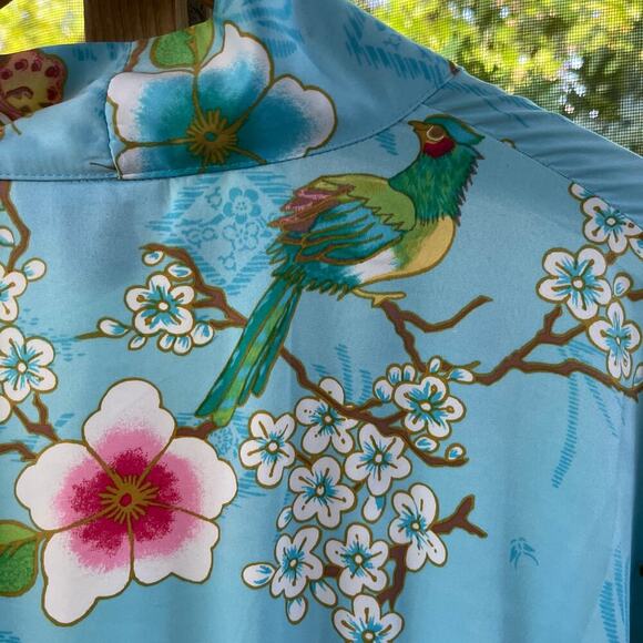 Natori Women's Blue Floral Bird Print Kimono Sleeve Robe Full Length Size M - Picture 9 of 11